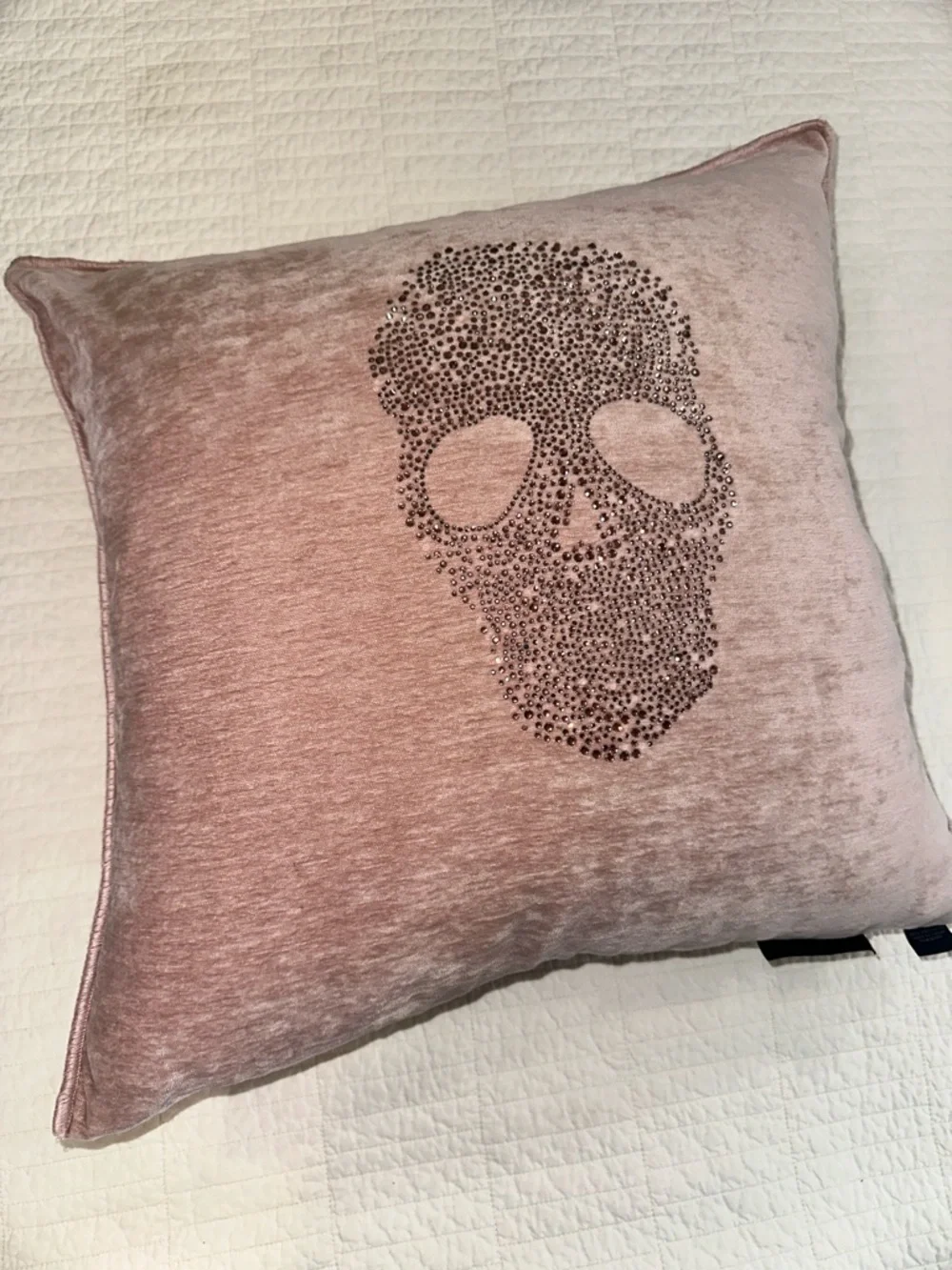 Magaschoni Halloween Blush Pink Velvet Rhinestone Skull Pillow 20x20